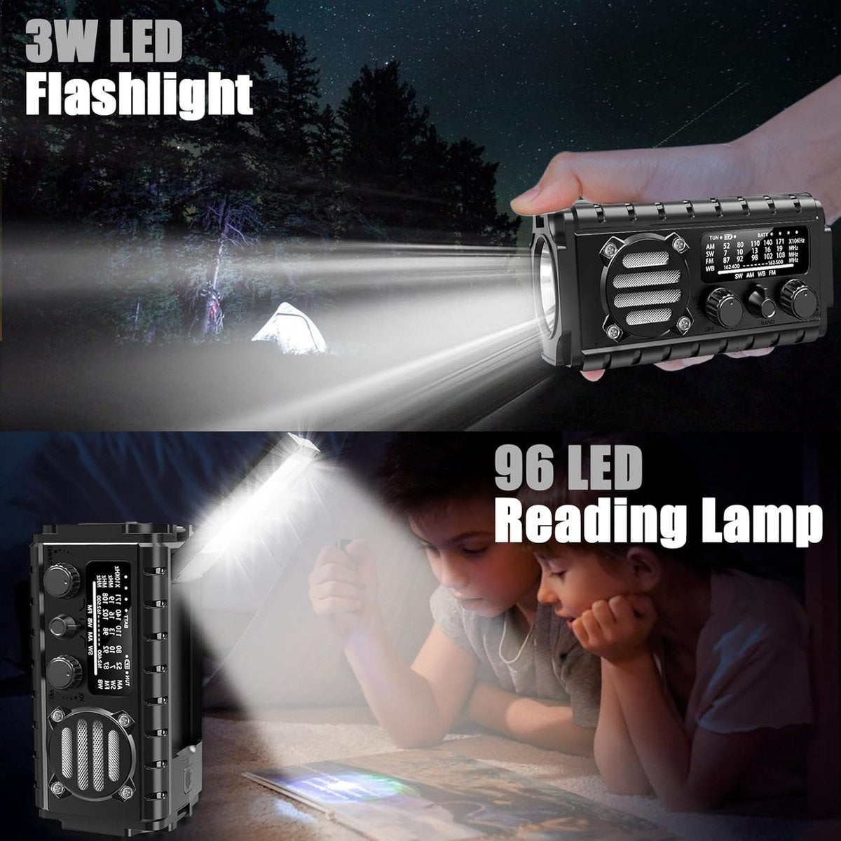Noodradio - 20000mAh PowerBank - Zonnepaneel - Leeslamp - Zwart