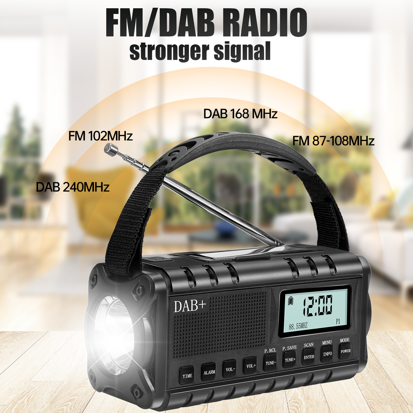 Noodradio met DAB 10.000 MAH  Zaklamp Powerbank Oplaadbaar Handslinger Zwart