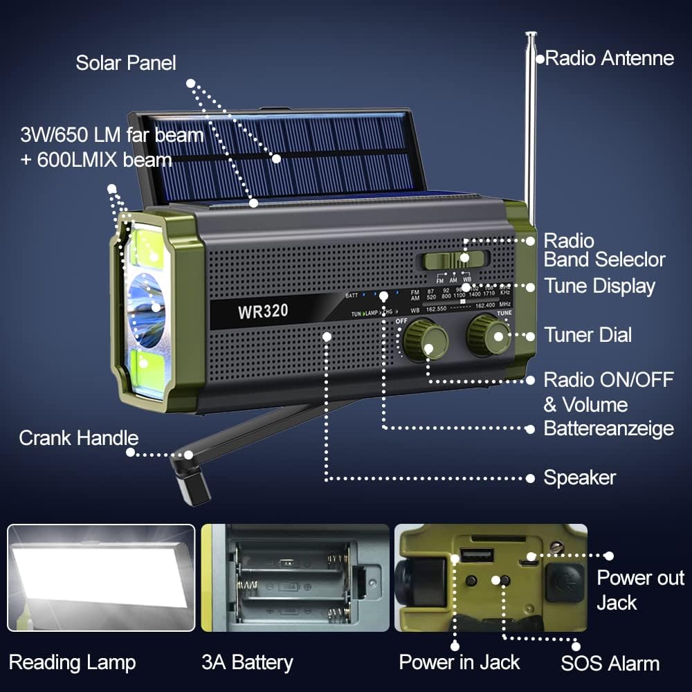 Noodradio 5000mAh Zonne Energie Zaklamp Powerbank Oplaadbaar Handslinger Zwart / Army Groen