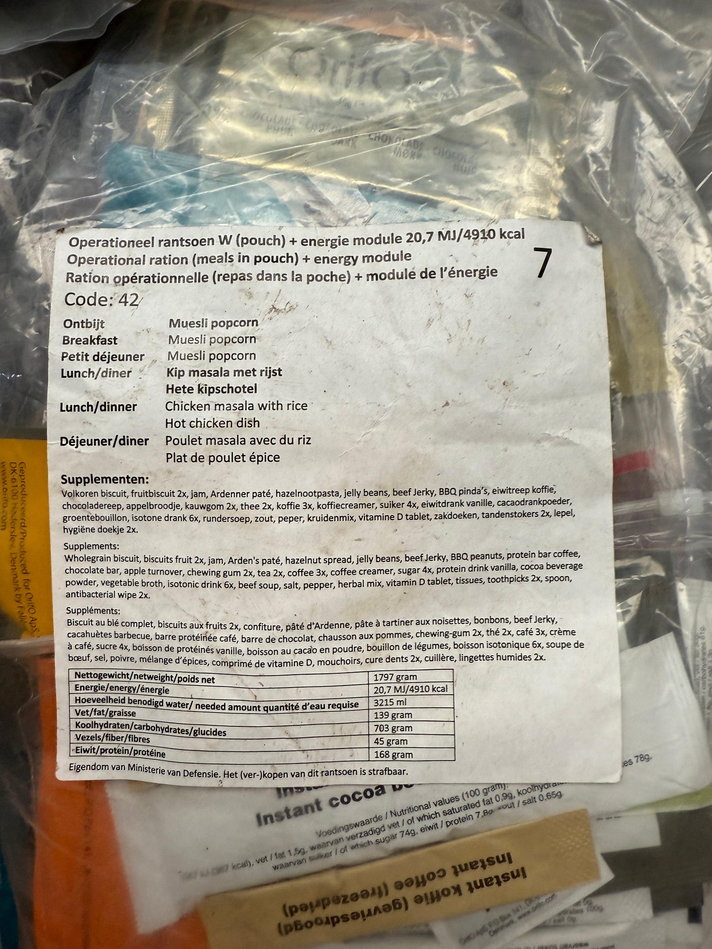 Nederlandse leger rantsoen Operationeel Rantsoen menu 7 4910 Kcal