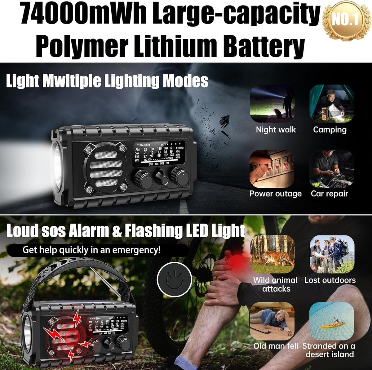 Noodradio - 20000mAh PowerBank - Zonnepaneel - Leeslamp - Zwart